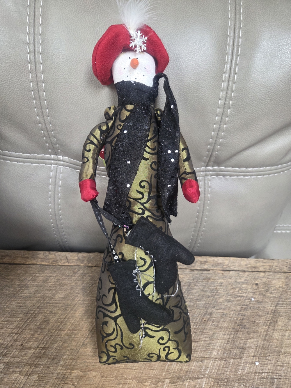 Elegant Whimsical Fabric Snowman - 17" Holiday Folk Art Standing Doll ~ Bin 1H